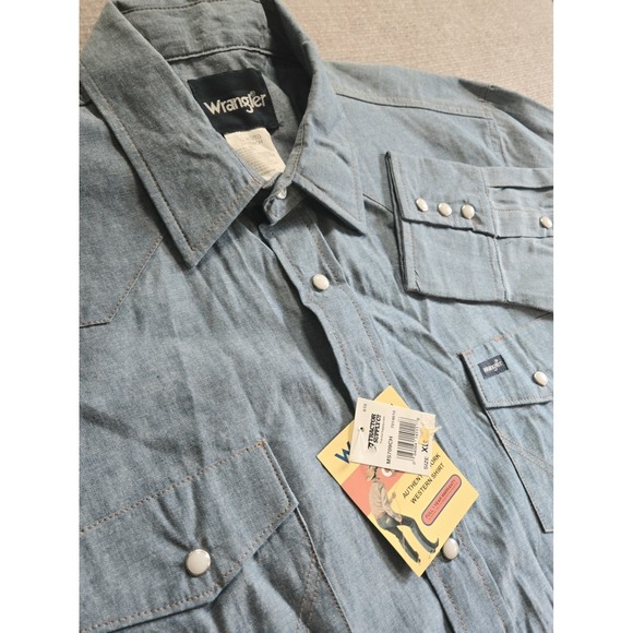 VINTAGE Wrangler Shirt Mens XLarge Blue Denim Western Pearl Snap‎ Long Sleeve - Picture 1 of 10